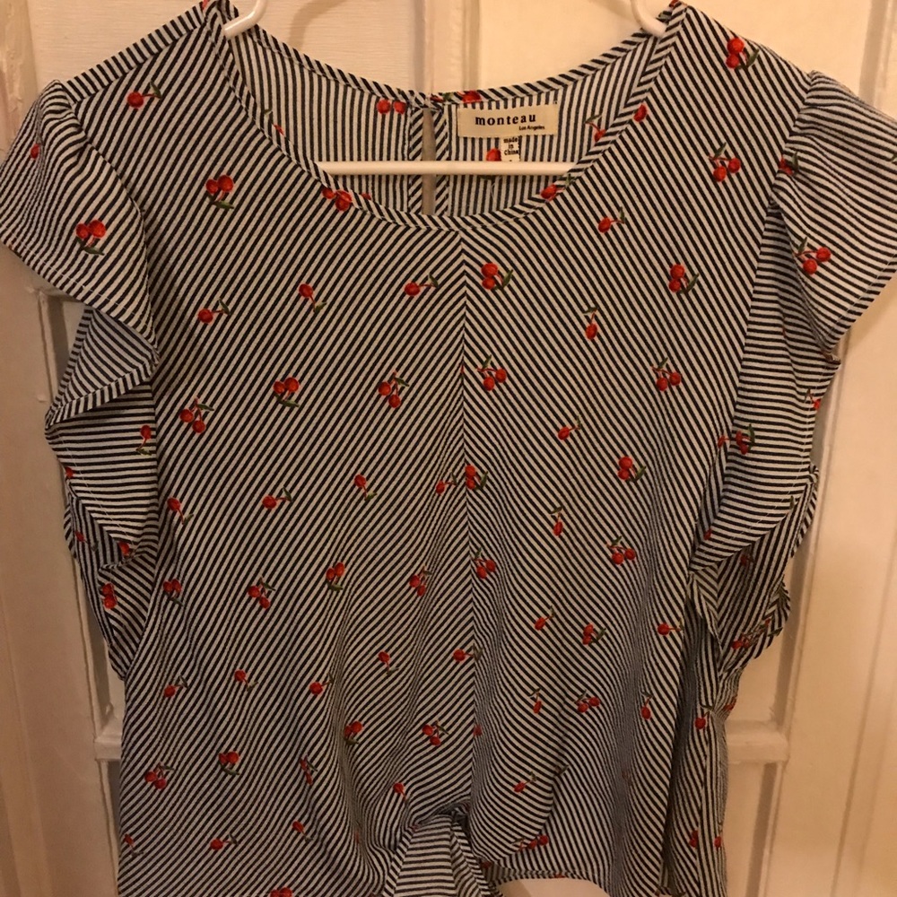 Blue & white striped with cherries crop blouse